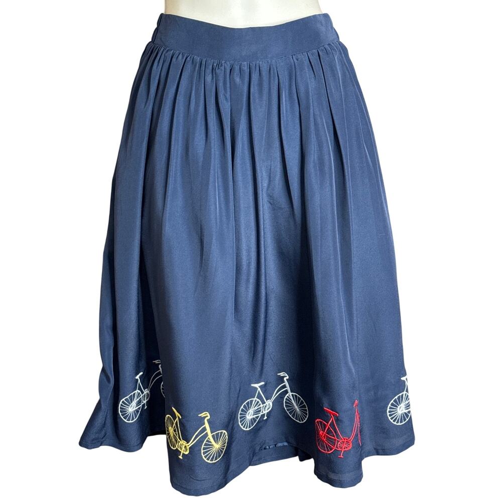 Tulip B Unique Vintage Navy Embroidered Bicycle A-Line Swing Skirt S NWOT